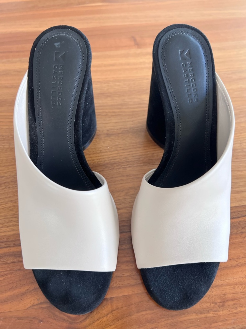 MERCEDES CASTILLO Cream Leather Open-Toe Slide Mules with Black Suede Insole